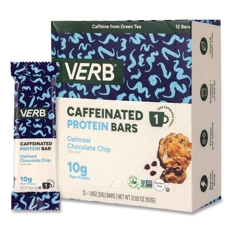Caffeinated Protein Bar, Oatmeal Chocolate Chip, 1.8 oz Bar, 12/Box