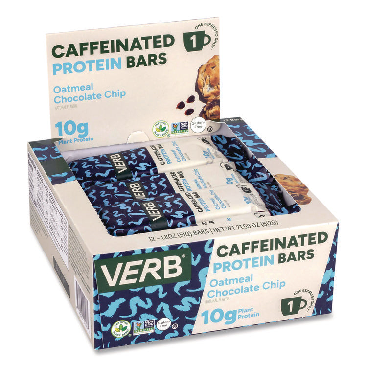 Caffeinated Protein Bar, Oatmeal Chocolate Chip, 1.8 oz Bar, 12/Box