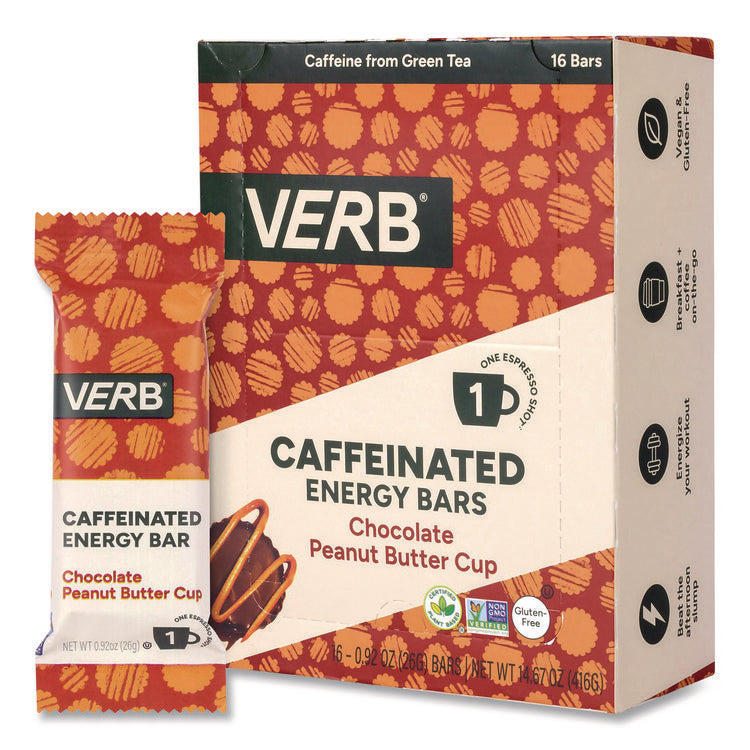 Caffeinated Energy Bar, Chocolate Peanut Butter Cup, 0.92 oz Bar, 16/Box