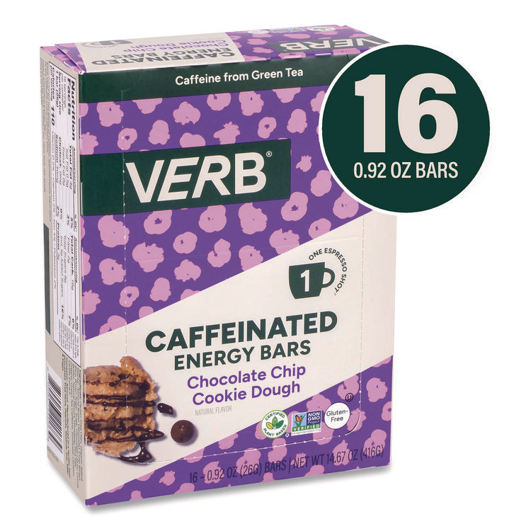 Caffeinated Energy Bar, Chocolate Chip Cookie Dough, 0.92 oz Bar, 16/Box