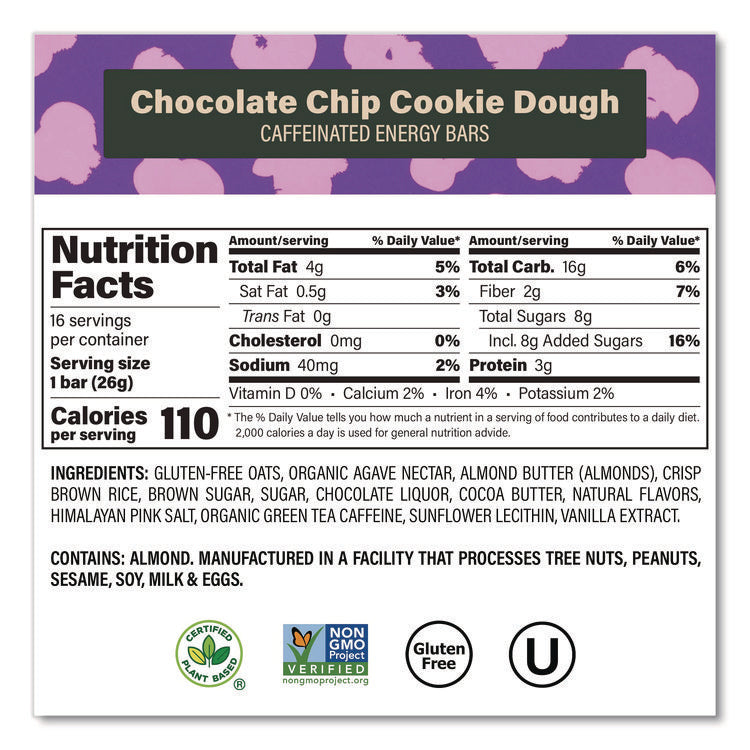 Caffeinated Energy Bar, Chocolate Chip Cookie Dough, 0.92 oz Bar, 16/Box