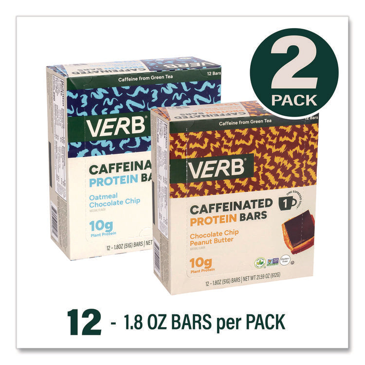 Caffeinated Protein Bar, Chocolate Chip Peanut Butter and Oatmeal Chocolate Chip, 1.8 oz Bar, 24/Box