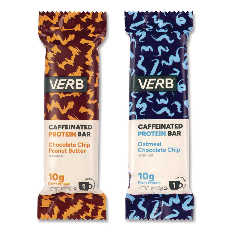 Caffeinated Protein Bar, Chocolate Chip Peanut Butter and Oatmeal Chocolate Chip, 1.8 oz Bar, 24/Box