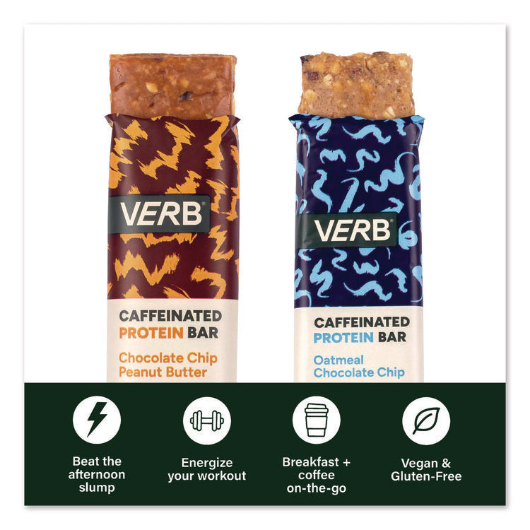 Caffeinated Protein Bar, Chocolate Chip Peanut Butter and Oatmeal Chocolate Chip, 1.8 oz Bar, 24/Box