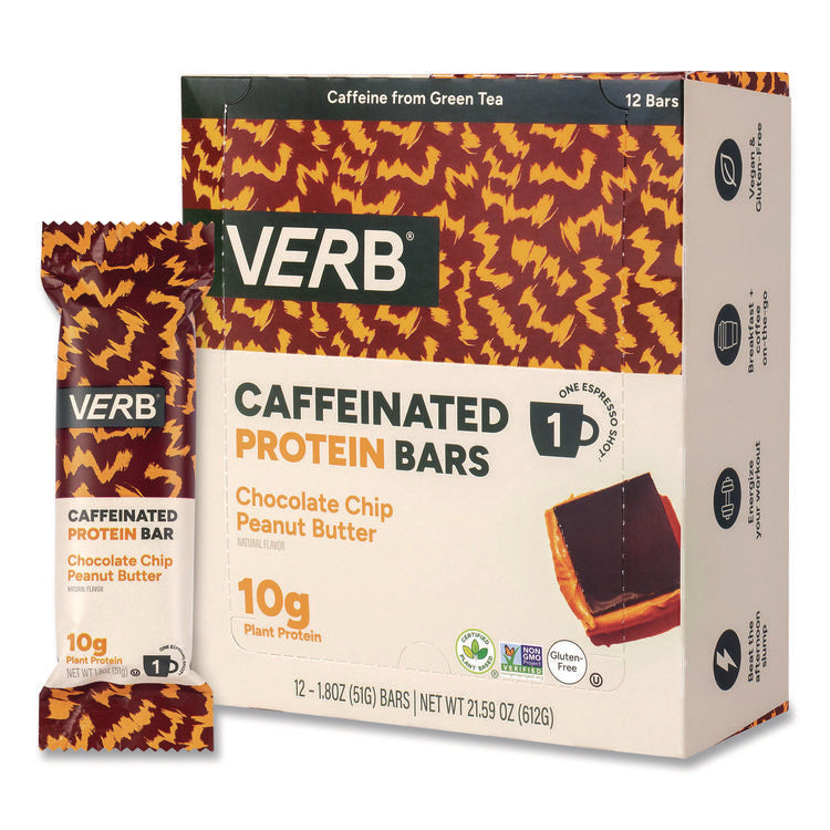 Caffeinated Protein Bar, Chocolate Chip Peanut Butter and Oatmeal Chocolate Chip, 1.8 oz Bar, 24/Box