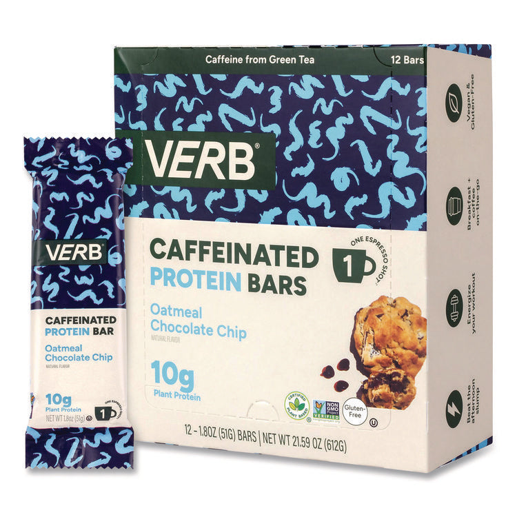 Caffeinated Protein Bar, Chocolate Chip Peanut Butter and Oatmeal Chocolate Chip, 1.8 oz Bar, 24/Box