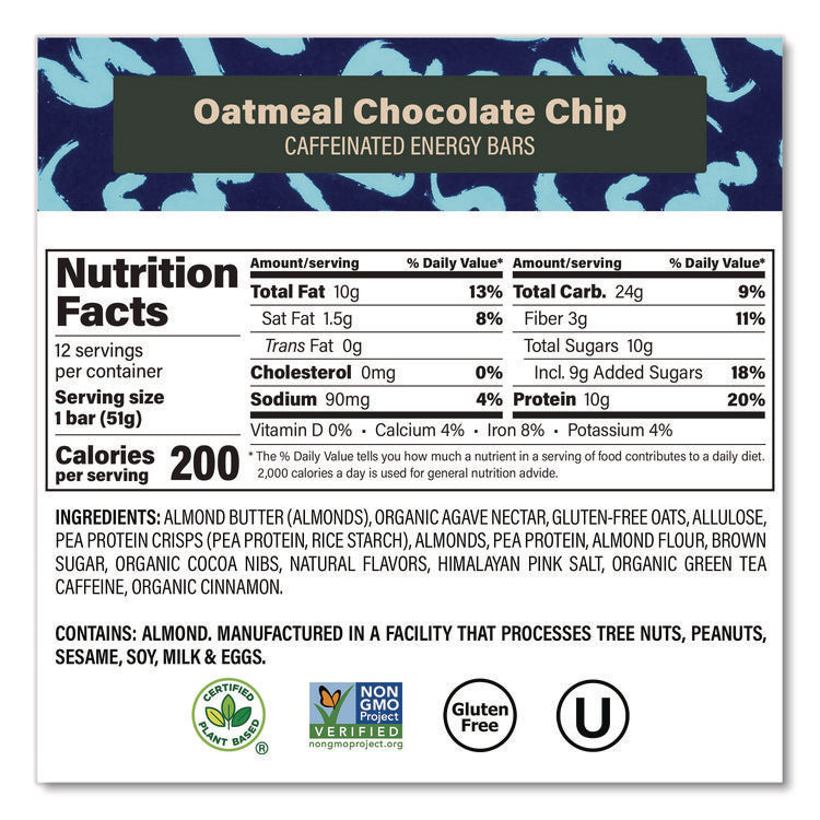 Caffeinated Protein Bar, Chocolate Chip Peanut Butter and Oatmeal Chocolate Chip, 1.8 oz Bar, 24/Box