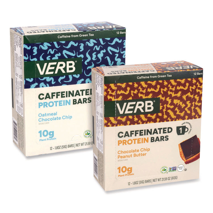 Caffeinated Protein Bar, Chocolate Chip Peanut Butter and Oatmeal Chocolate Chip, 1.8 oz Bar, 24/Box