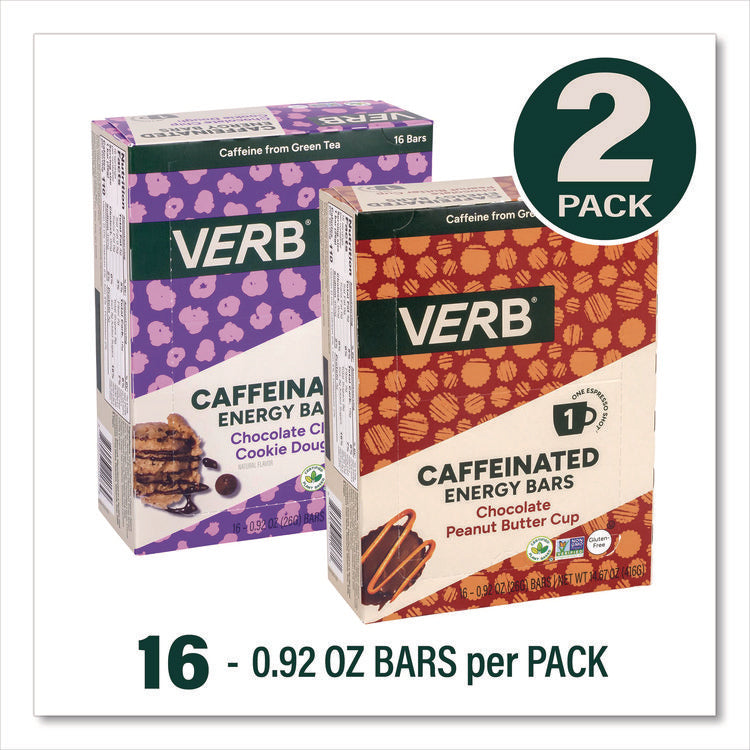 Caffeinated Energy Bar, Chocolate Peanut Butter Cup and Chocolate Chip Cookie Dough, 0.92  oz Bar, 32/Box
