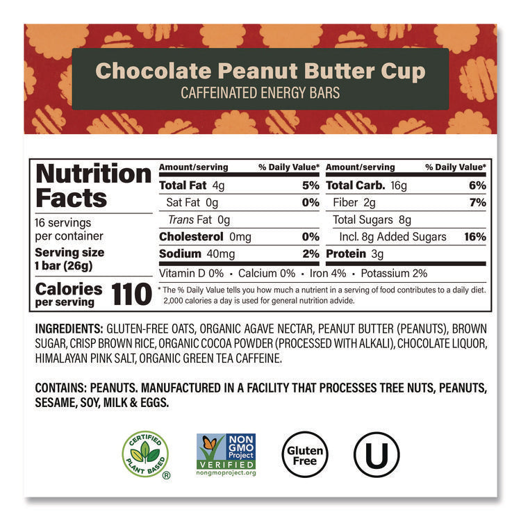 Caffeinated Energy Bar, Chocolate Peanut Butter Cup, 0.92 oz Bar, 16/Box