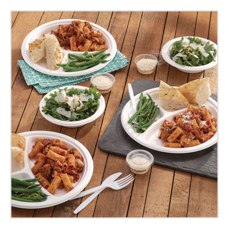 EarthChoice PFAS Free Compostable Dinnerware, 3-Compartment Plate, 10" dia, White, 500/Carton