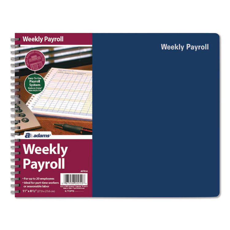 Weekly Payroll Record Book for 20 Employees, Two-Page Spread: 36 Columns, Royal Blue Cover, 8.5 x 11 Sheets, 56 Sheets/Book