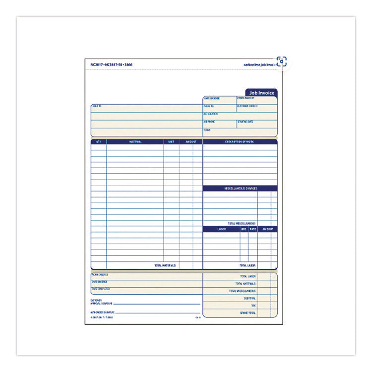 Multipart Job Invoice Forms, Two-Part Carbonless, 8.5 x 10.94, 100 Forms Total