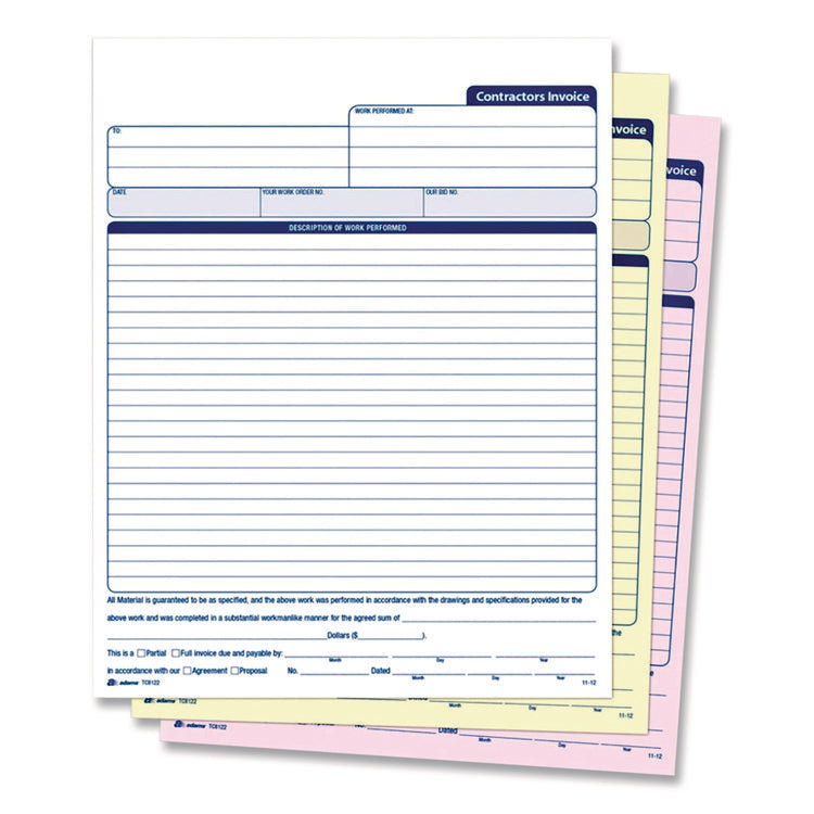 Multipart Contractor Invoice Forms, Three-Part Carbonless, 8.5 x 10.94, 100 Forms Total