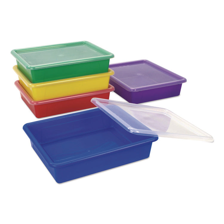 Storage Tray with Lid, Flat, 1 gal, 10.65" x 10.65" x 2.96", Assorted Bright, 5/Pack