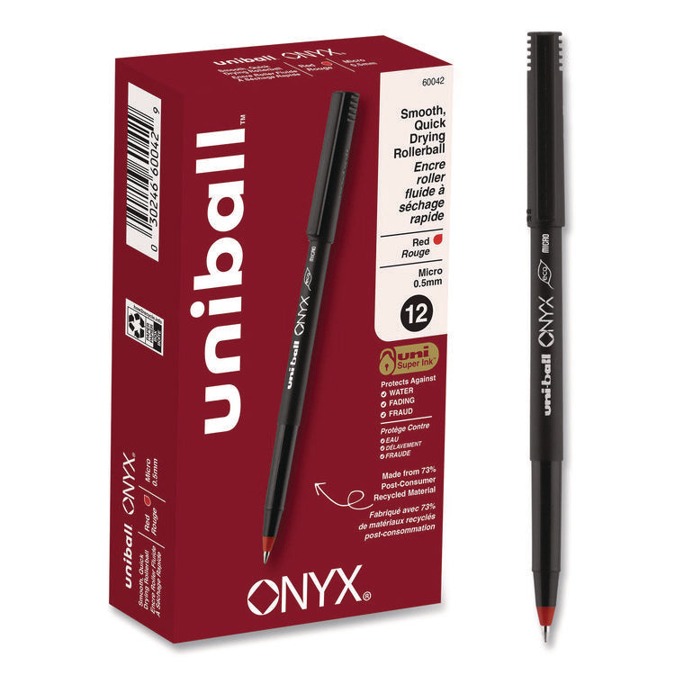 ONYX Rollerball Pen, Stick, Extra-Fine 0.5 mm, Red Ink, Black/Red Barrel, Dozen