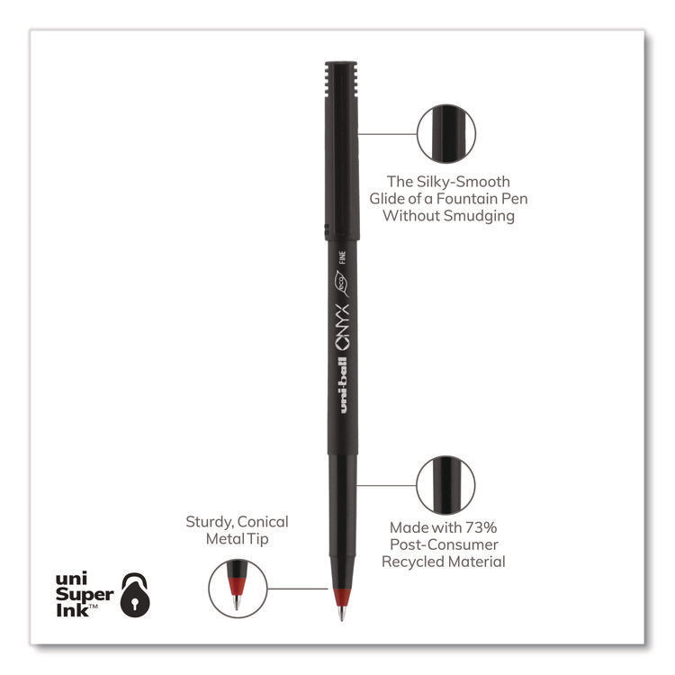 ONYX Rollerball Pen, Stick, Fine 0.7 mm, Red Ink, Black/Red Barrel, Dozen