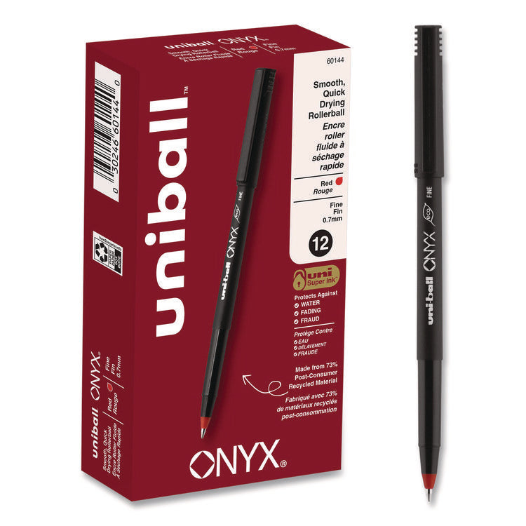 ONYX Rollerball Pen, Stick, Fine 0.7 mm, Red Ink, Black/Red Barrel, Dozen
