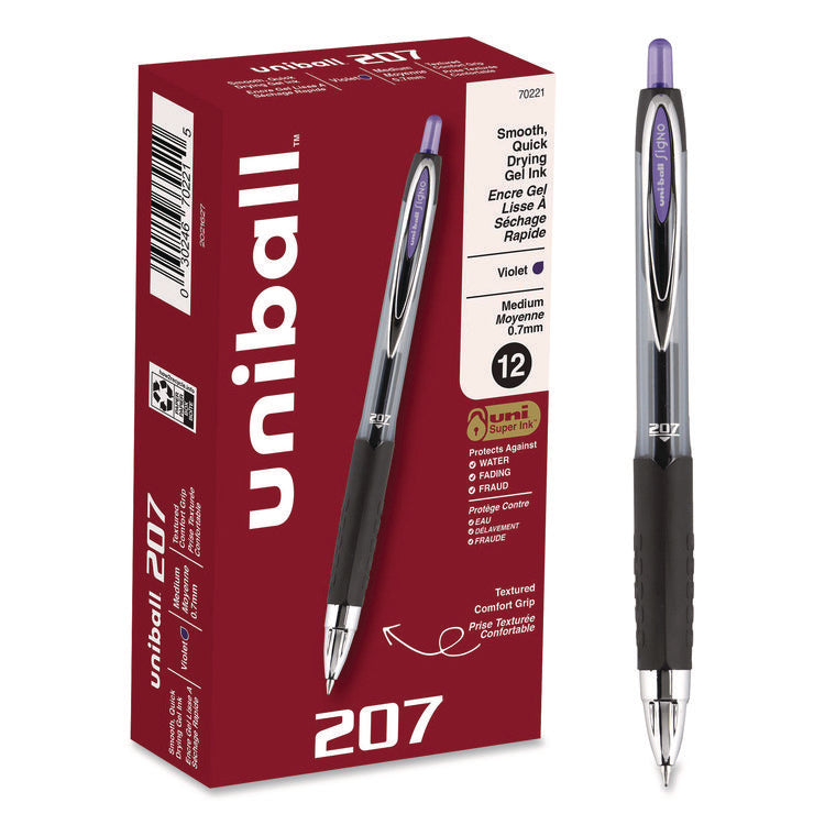 Signo 207 Gel Pen, Retractable, Medium 0.7 mm, Violet Ink, Smoke/Black/Violet Barrel, Dozen