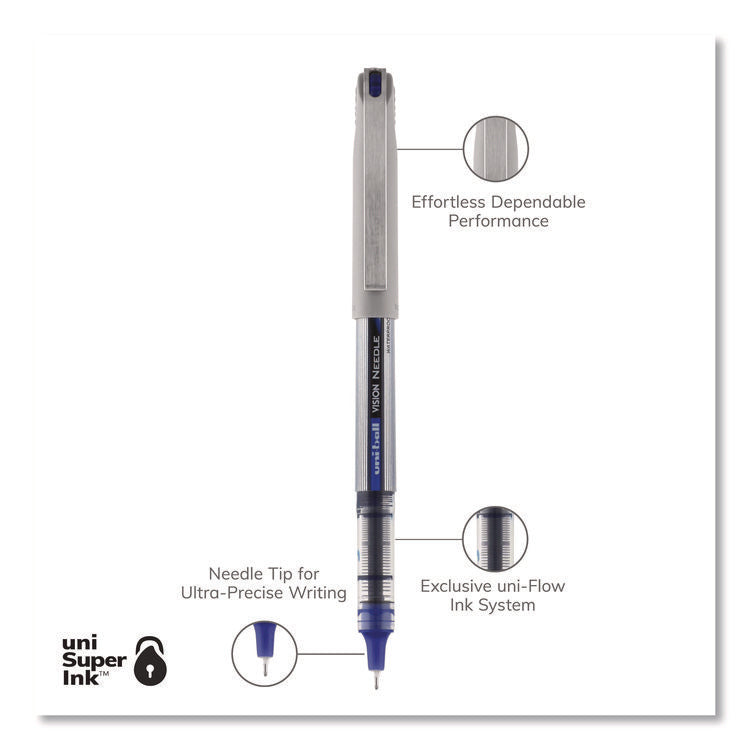 VISION Needle Rollerball Pen, Stick, Fine 0.7 mm, Blue Ink, Gray/Clear/Blue Barrel, Dozen