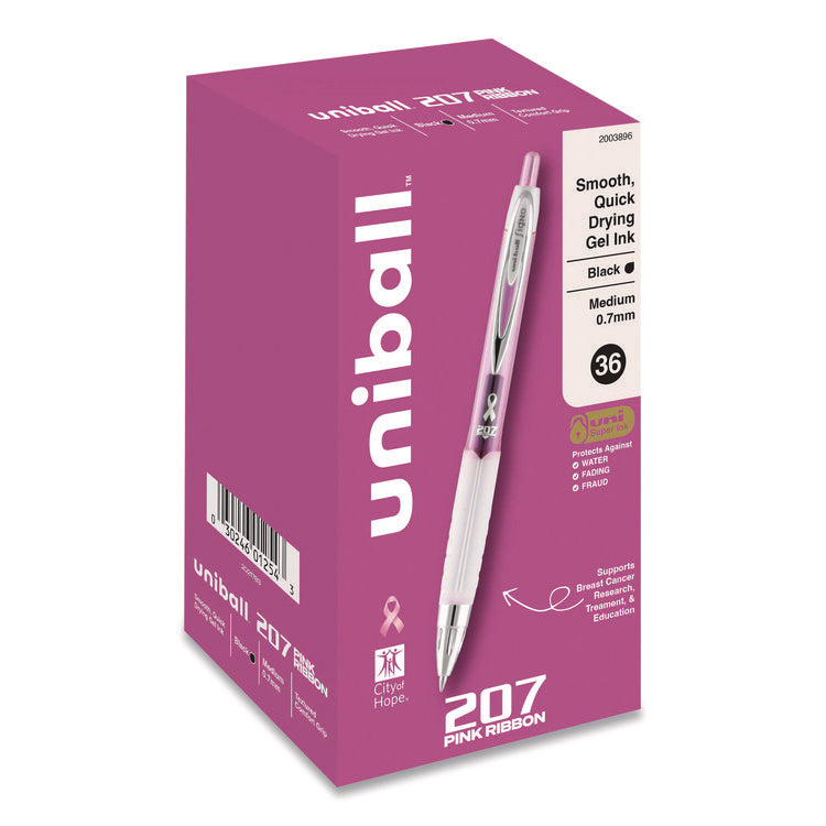 207 Breast Cancer Awareness Gel Pen Office Pack, Retractable, Medium 0.7mm, Black Ink, Translucent Pink/White Barrel, 36/Pack