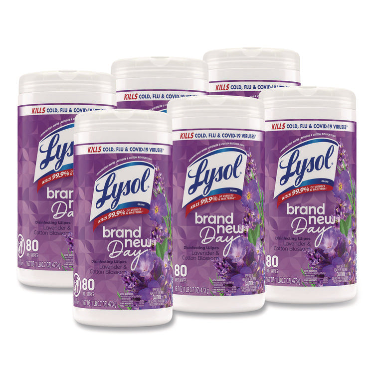 Disinfecting Wipes, 1-Ply, 7 x 7.25, Lavender and Cotton Blossom, White, 80 Wipes/Canister, 6 Canisters/Carton