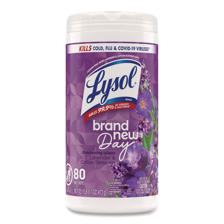 Disinfecting Wipes, 1-Ply, 7 x 7.25, Lavender and Cotton Blossom, White, 80 Wipes/Canister