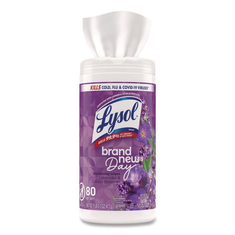 Disinfecting Wipes, 1-Ply, 7 x 7.25, Lavender and Cotton Blossom, White, 80 Wipes/Canister