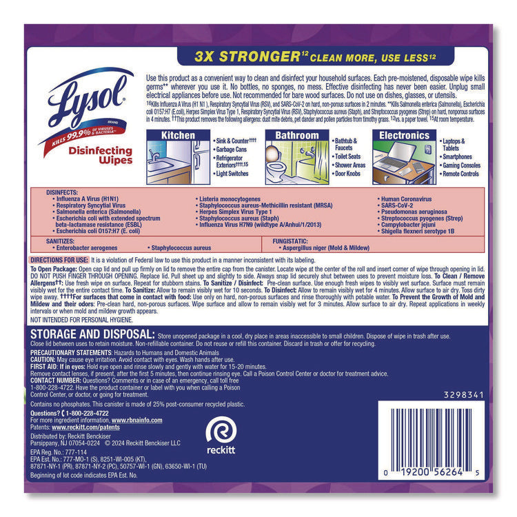 Disinfecting Wipes, 1-Ply, 7 x 7.25, Lavender and Cotton Blossom, White, 80 Wipes/Canister