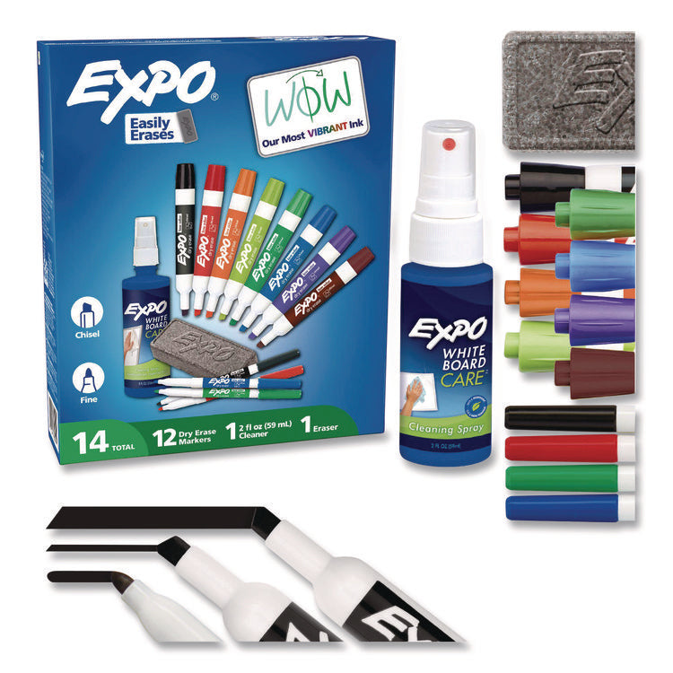 Low-Odor Dry Erase Marker, Eraser And Cleaner Kit, Medium Assorted Tips, Assorted Colors, 12/set