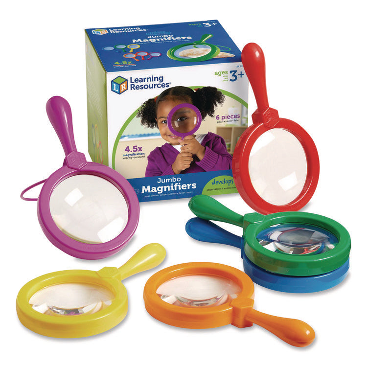 Jumbo Magnifers Set, 4.5X Plastic Lens, 4.5" dia, Assorted Colors, 6 Magnifiers