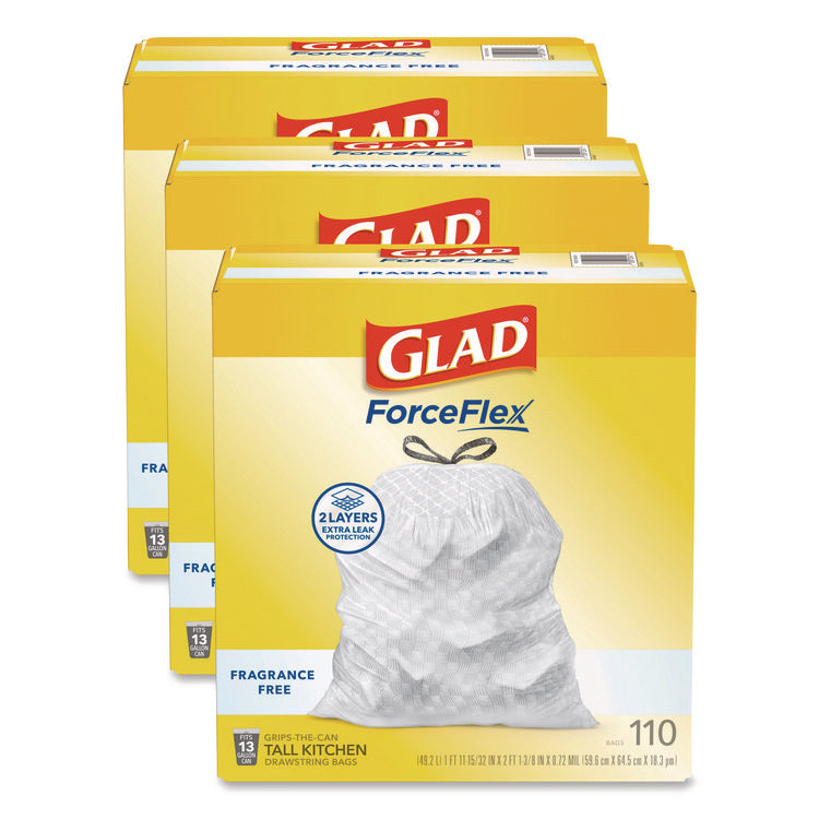 ForceFlex Kitchen Drawstring Trash Bags, Drawstring, 13 gal, Unscented, 23.47 x 25.38, White, 110 Bags/Box, 3 Boxes/Carton