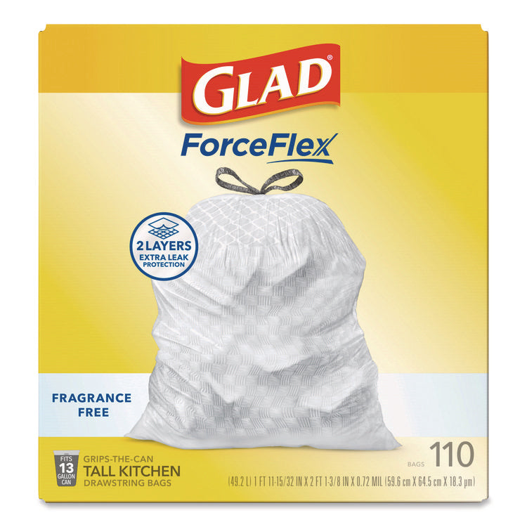 ForceFlex Kitchen Drawstring Trash Bags, Drawstring, 13 gal, Unscented, 23.47 x 25.38, White, 110 Bags/Box, 3 Boxes/Carton
