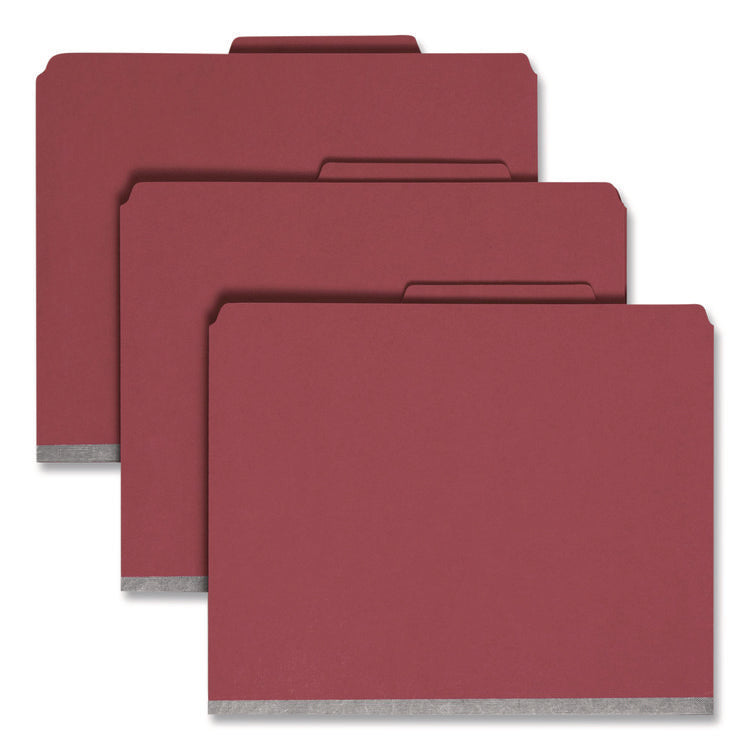 Six-Section Pressboard Top Tab Classification Folders, Six SafeSHIELD Fasteners, 2 Dividers, Letter Size, Bright Red, 10/Box
