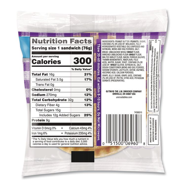 UNCRUSTABLES Peanut Butter and Grape Jelly on Wheat Bread, 2.6 oz Bag, 48/Carton