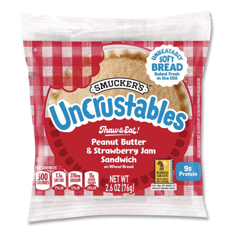 UNCRUSTABLES Peanut Butter and Strawberry Jam on Wheat Bread, 2.6 oz Bag, 48/Carton