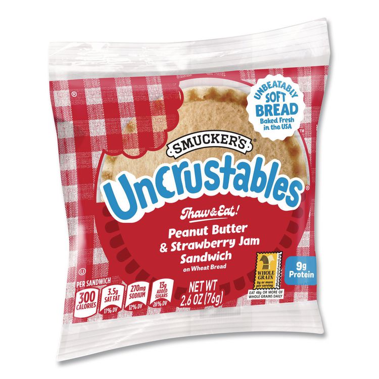 UNCRUSTABLES Peanut Butter and Strawberry Jam on Wheat Bread, 2.6 oz Bag, 48/Carton