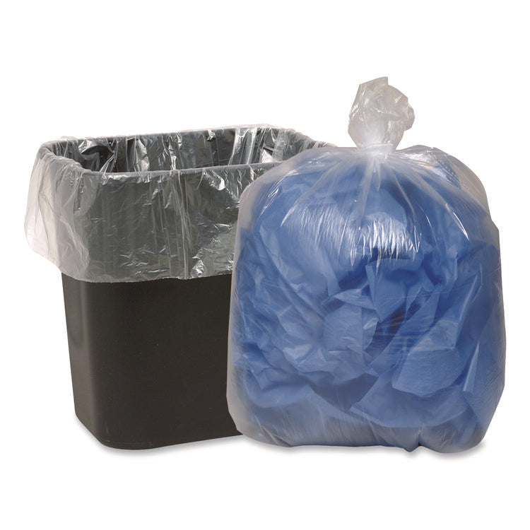 Linear Low Density Clear Recycled Can Liners, 60 gal, 1.5 mil, 38" x 58", Clear, 10 Bags/Roll, 10 Rolls/Carton