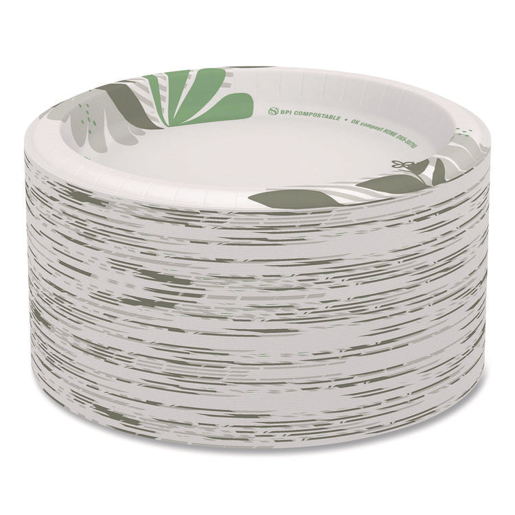 Pathways Soak-Proof Shield Mediumweight Paper Plates, 8.5" dia, Green/Burgundy, 1,000/Carton