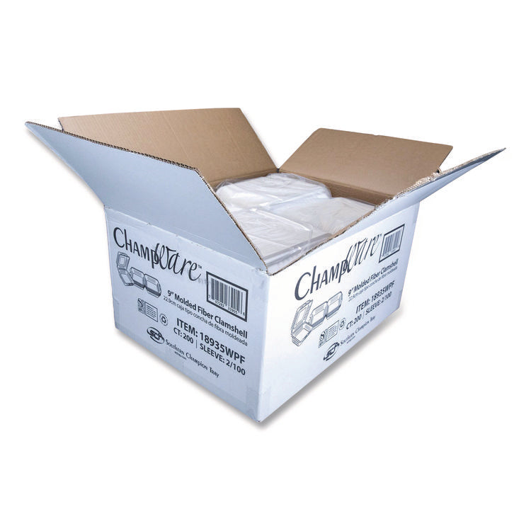 ChampWare Molded-Fiber Clamshell Containers, 9 x 9 x 3, White, 100/Sleeve, 2 Sleeves/Carton