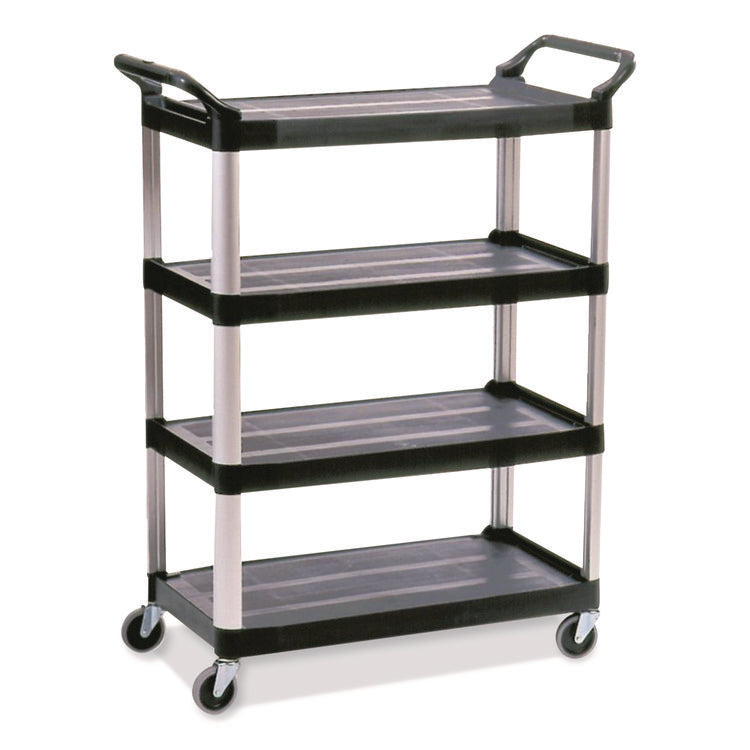 Xtra Utility Cart with Open Sides, Plastic, 4 Shelves, 400 lb Capacity, 40.63" x 20" x 51", Black