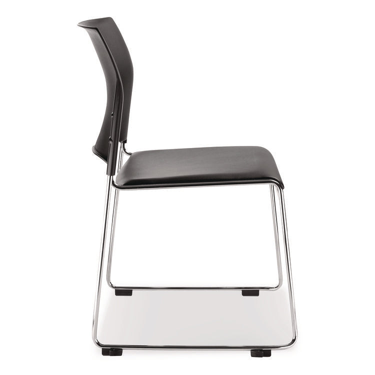 8700 Series Cafetorium Plush Vinyl Stack Chair, Supports Up to 500 lb, 18" Seat Height, Black Seat/Back, Chrome Base, 4/Pack