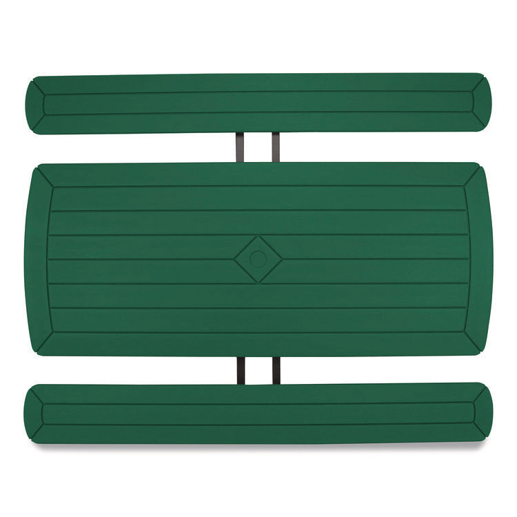 Blow Molded Folding Picnic Table, Rectangular, 57w x 72d x 29.5h, Green Top, Black Base/Legs