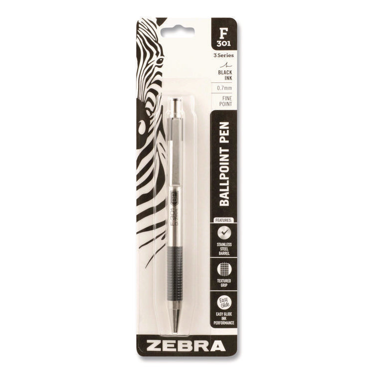 F-301 Ballpoint Pen, Retractable, Fine 0.7 mm, Black Ink, Stainless Steel/Black Barrel
