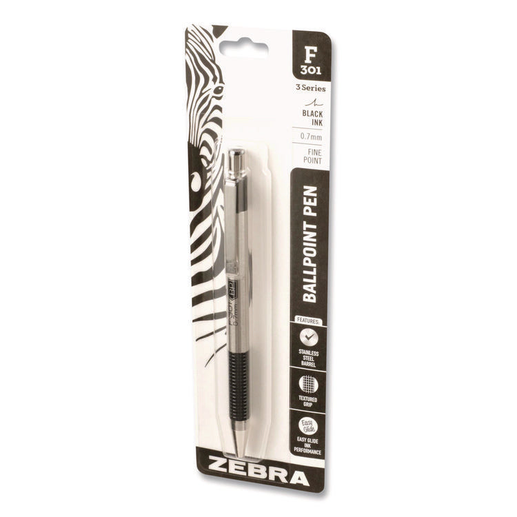 F-301 Ballpoint Pen, Retractable, Fine 0.7 mm, Black Ink, Stainless Steel/Black Barrel