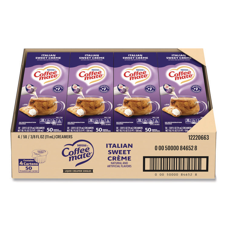 Liquid Coffee Creamer, Italian Sweet Cream, 0.38 oz Mini Cups, 50/Box, 4 Boxes/Carton
