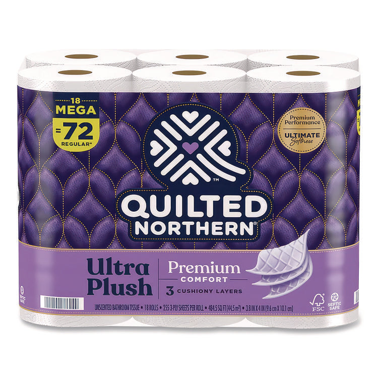 Ultra Plush Bathroom Tissue, Mega Rolls, Septic Safe, 3-Ply, White, 284 Sheets/Roll, 18 Rolls/Carton