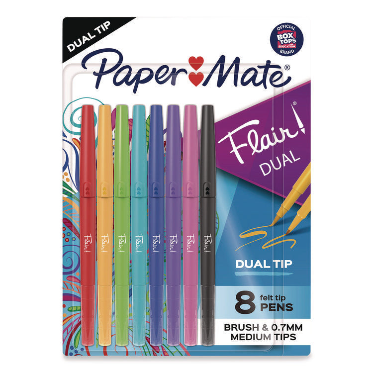 Flair Dual Porous Point Pen, Stick, Medium 0.7 mm Bullet, Pressure-Sensitive Brush, Assorted Ink and Barrel Colors, 8/Pack