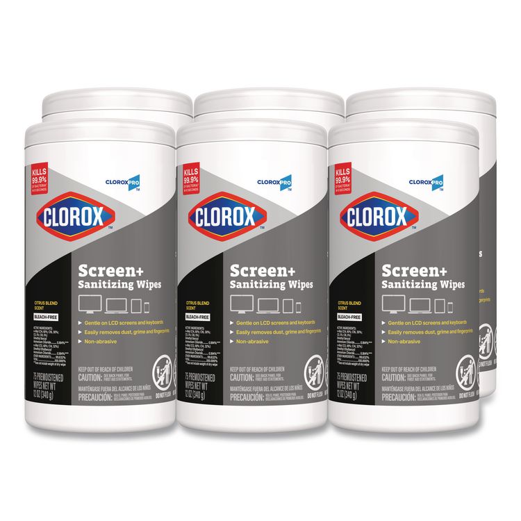 CloroxPro ScreenPlus Sanitizing Wipes, 6 x 8, Citrus Blend, White, 75/Canister, 6 Canisters/Carton