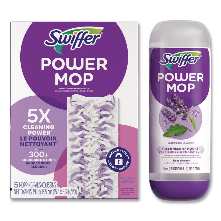 PowerMop Cleaning Solution and Pads Refill Pack, Lavender, 25.3 oz Bottle and 5 Pads per Pack, 4 Packs/Carton